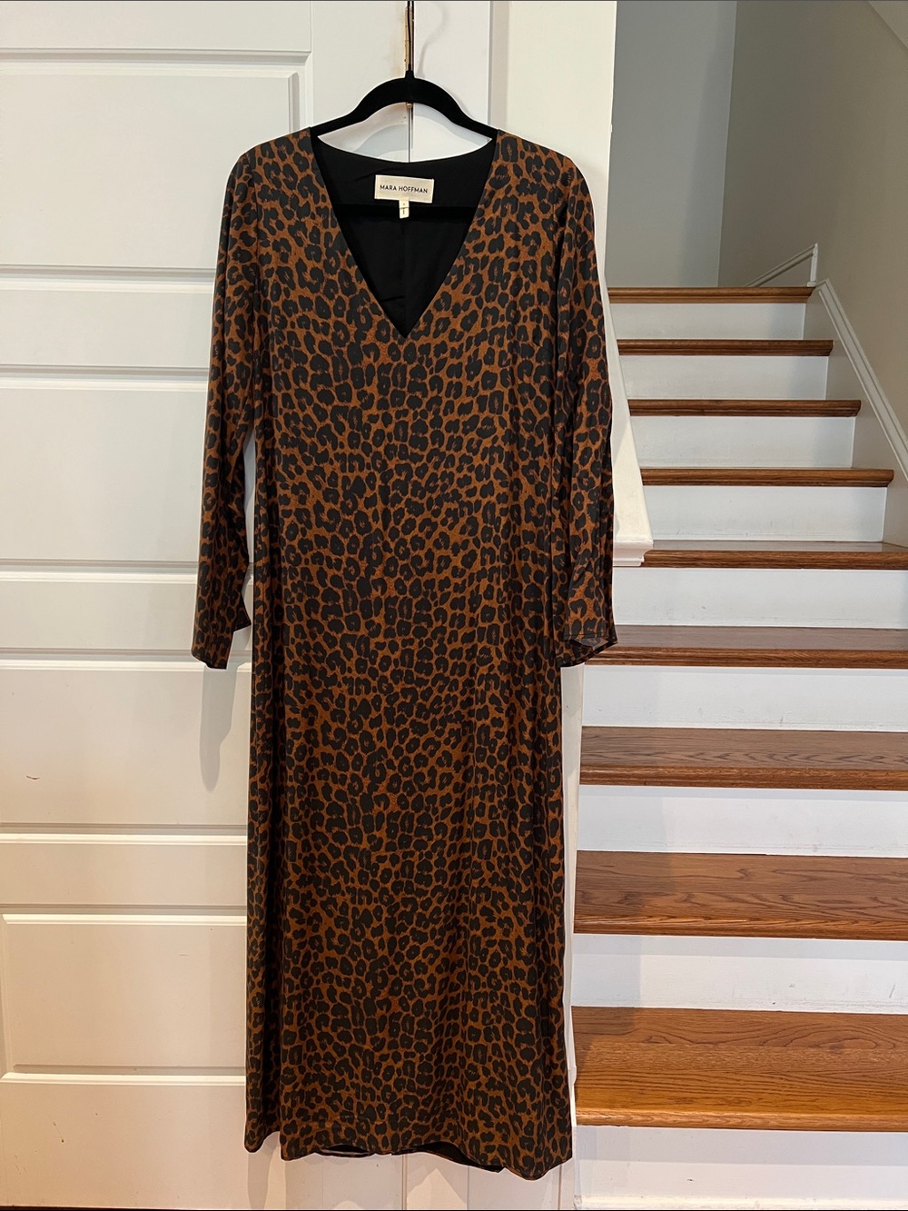 Mara Hoffman Brown and Black Leopard Print V-Neck Long Sleeve Dress